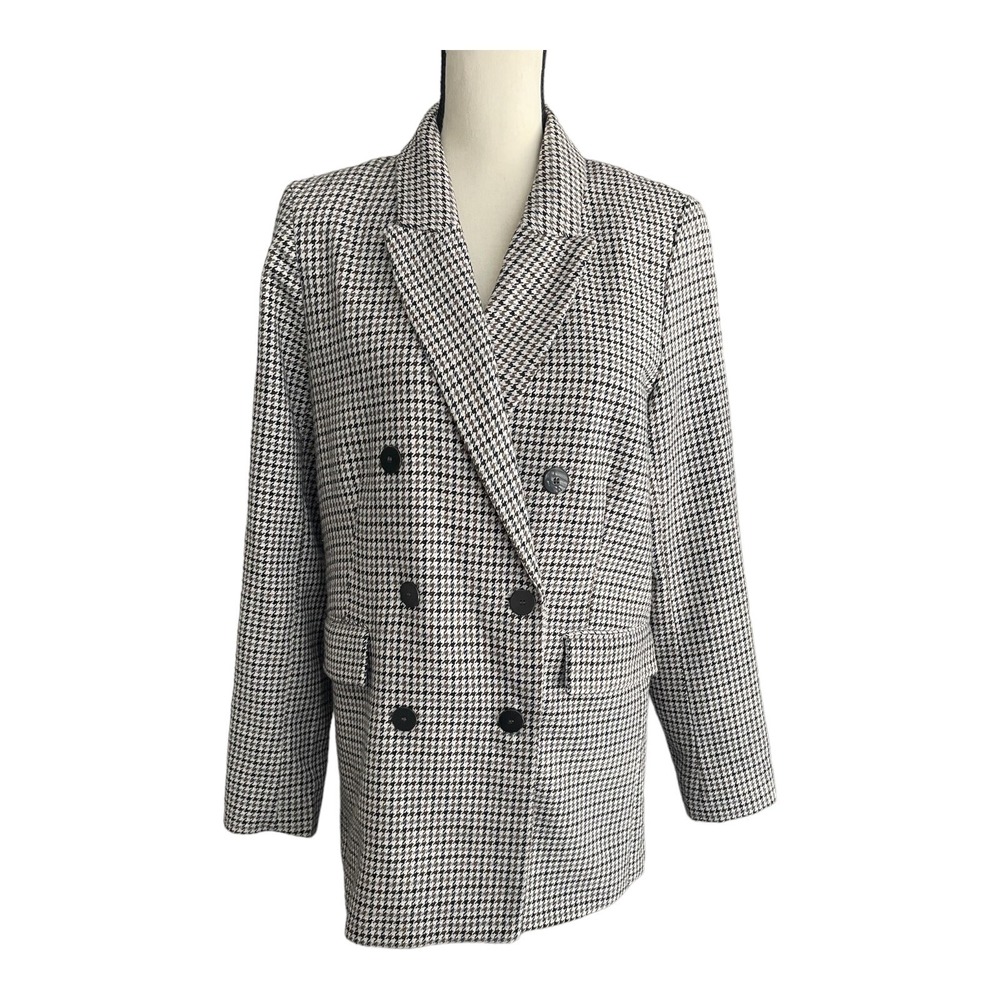 JOIE Wool Blend Blazer Size M Brown Tweed  Houndstooth Double Breasted‎ Longline